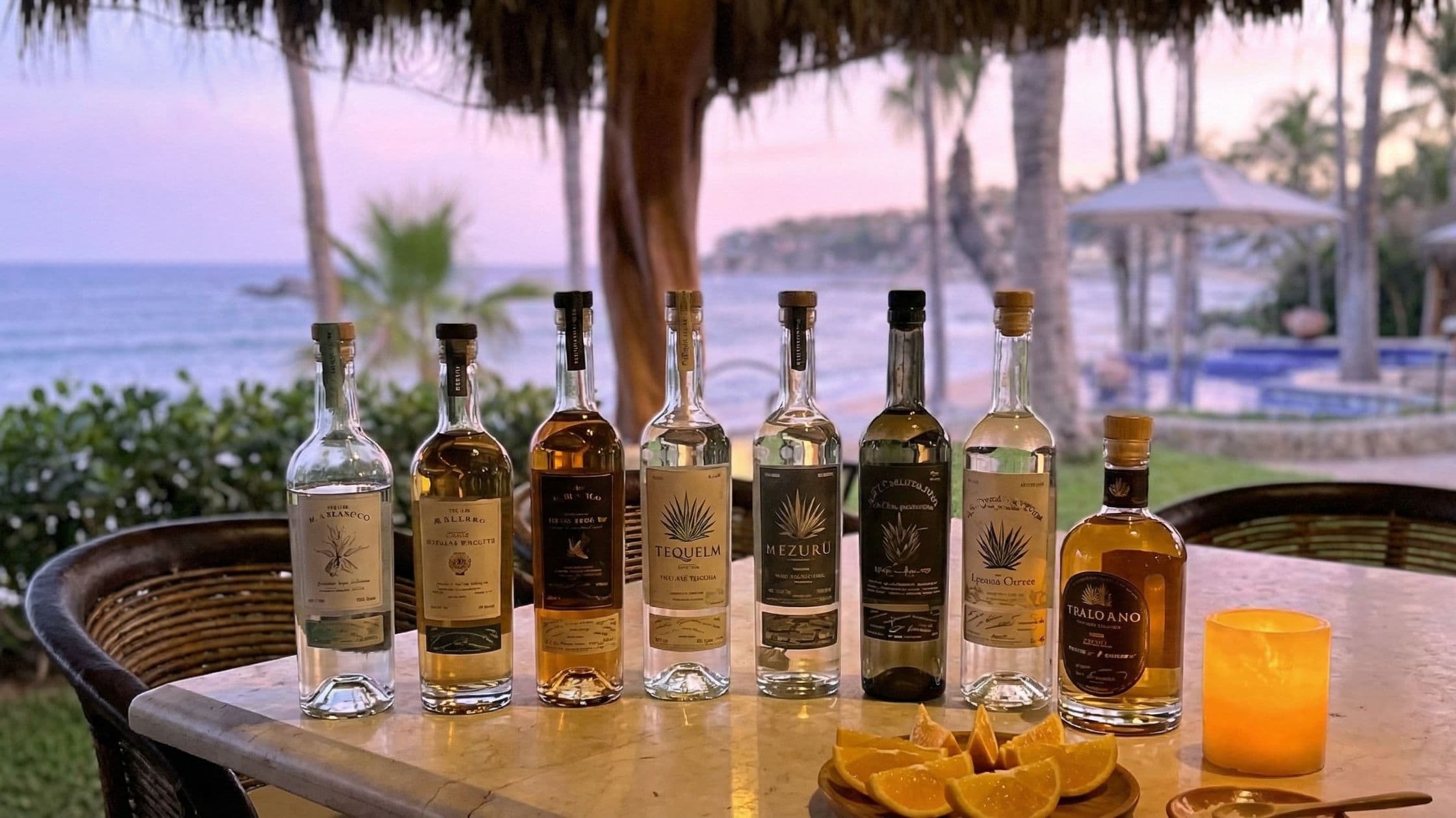 Premium tequila and mezcal tasting flight overlooking the Los Cabos coastline at sunset, featuring artisanal spirits and traditional accompaniments.