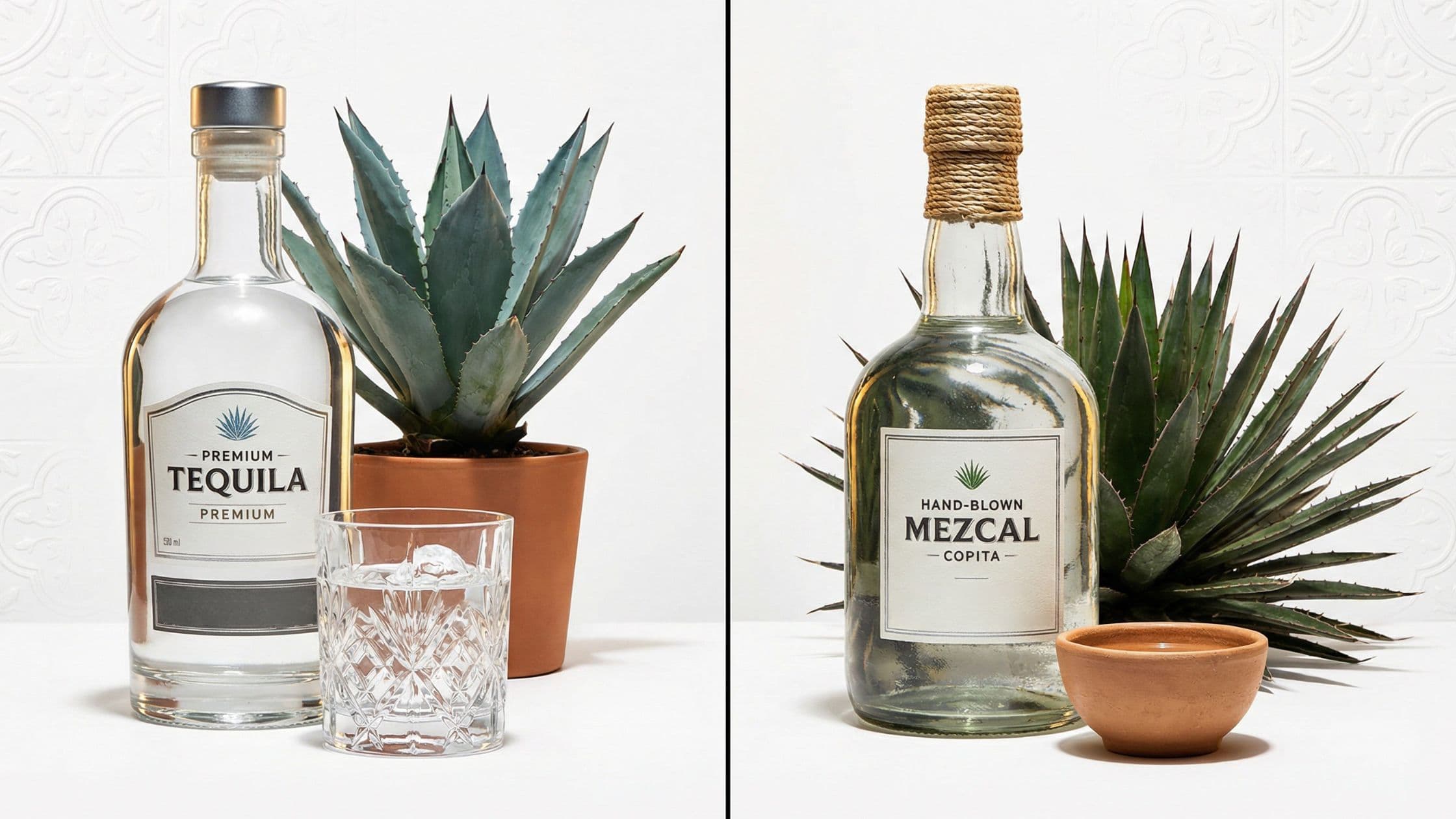 Split-screen comparison showing tequila with blue Weber agave on one side and mezcal with wild agave on the other, illustrating the differences between tequila and mezcal.