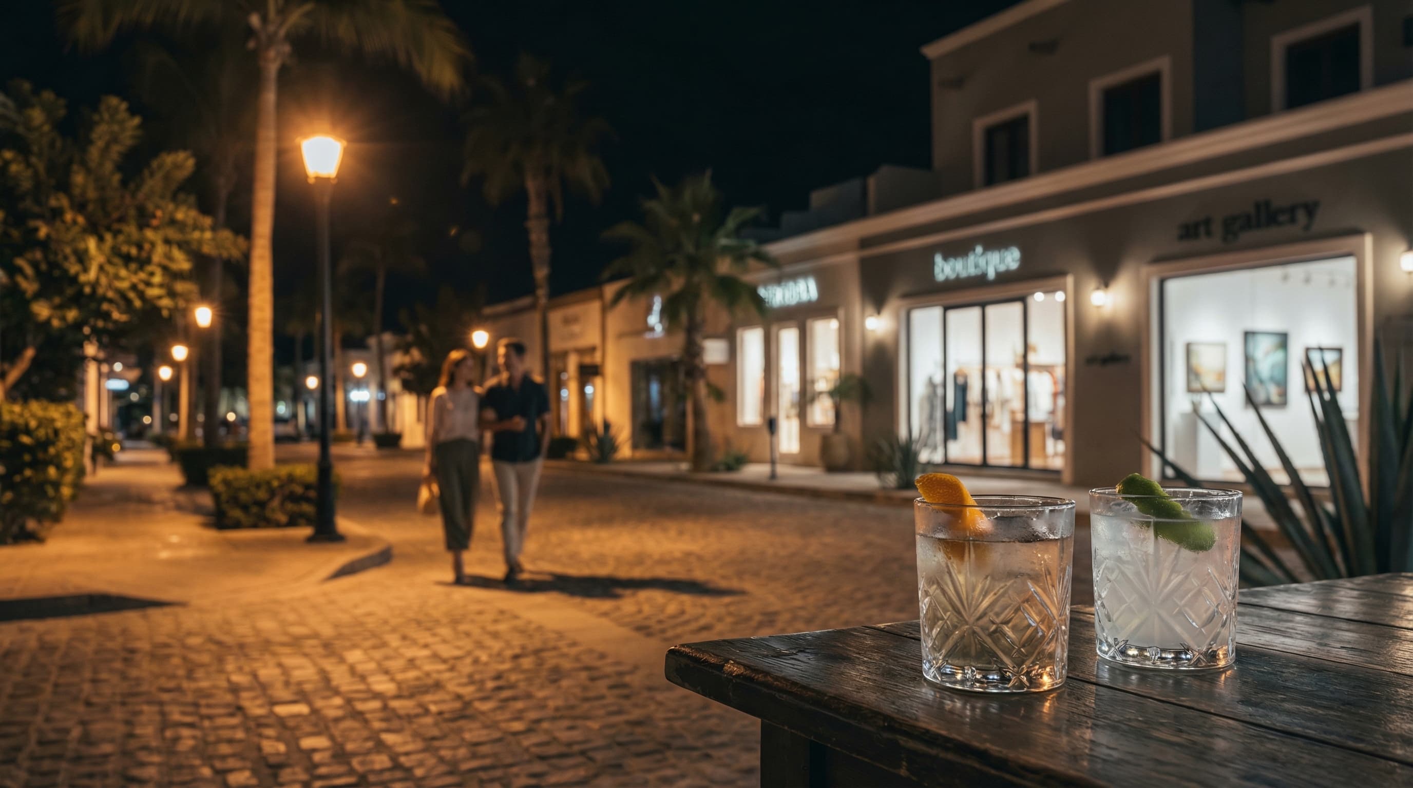 San José del Cabo nightlife scene with cocktails and warm evening lights