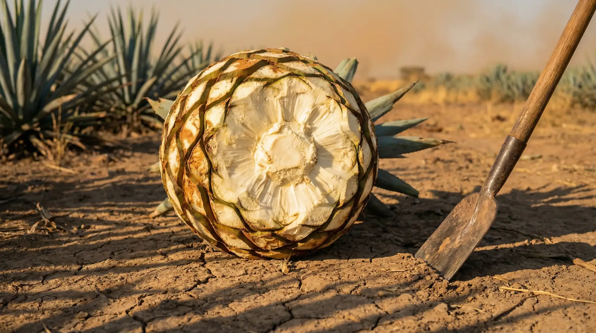 A freshly harvested agave piña showing the cut base and dense fibrous core in warm field light