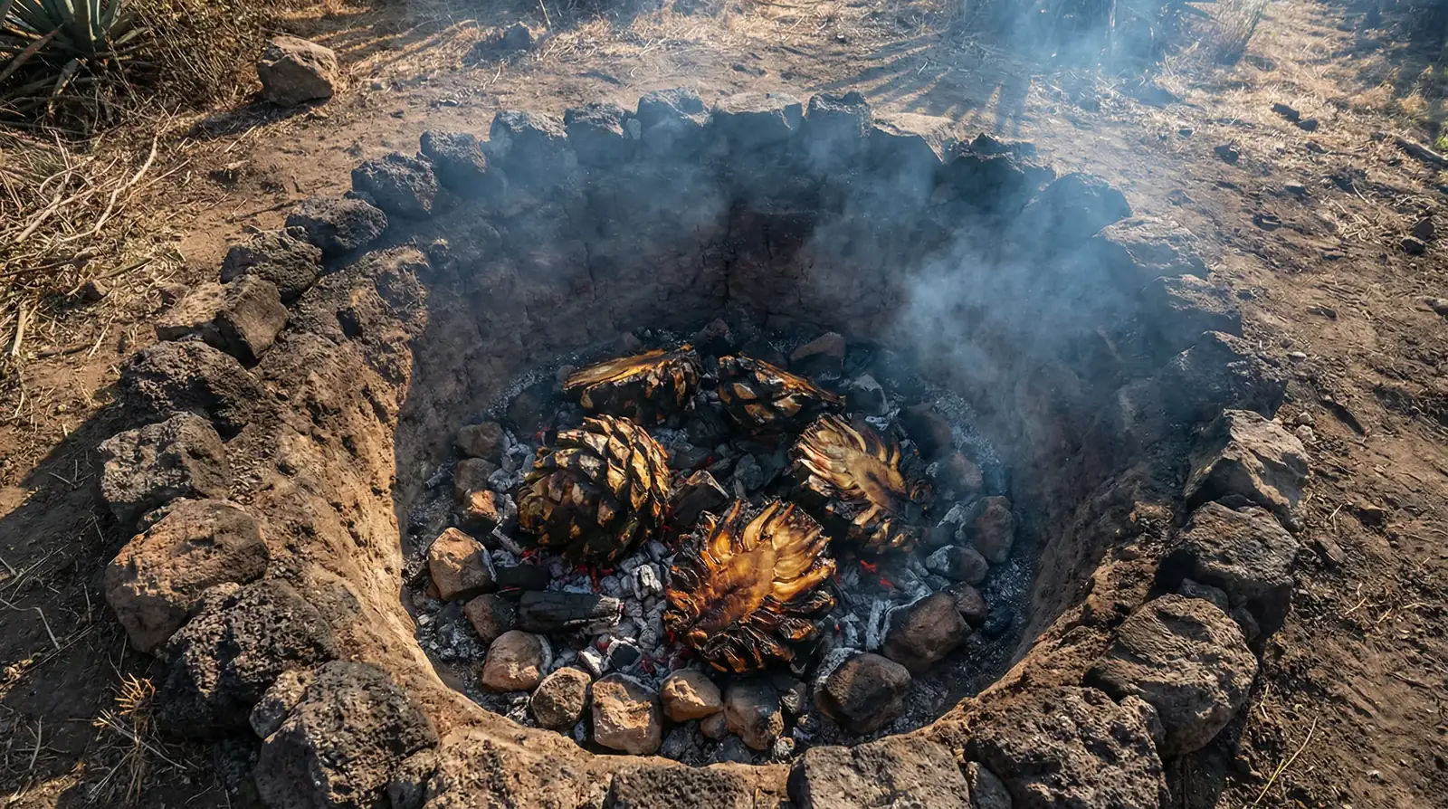 Agave piñas roasting in a traditional earthen pit oven surrounded by wood smoke