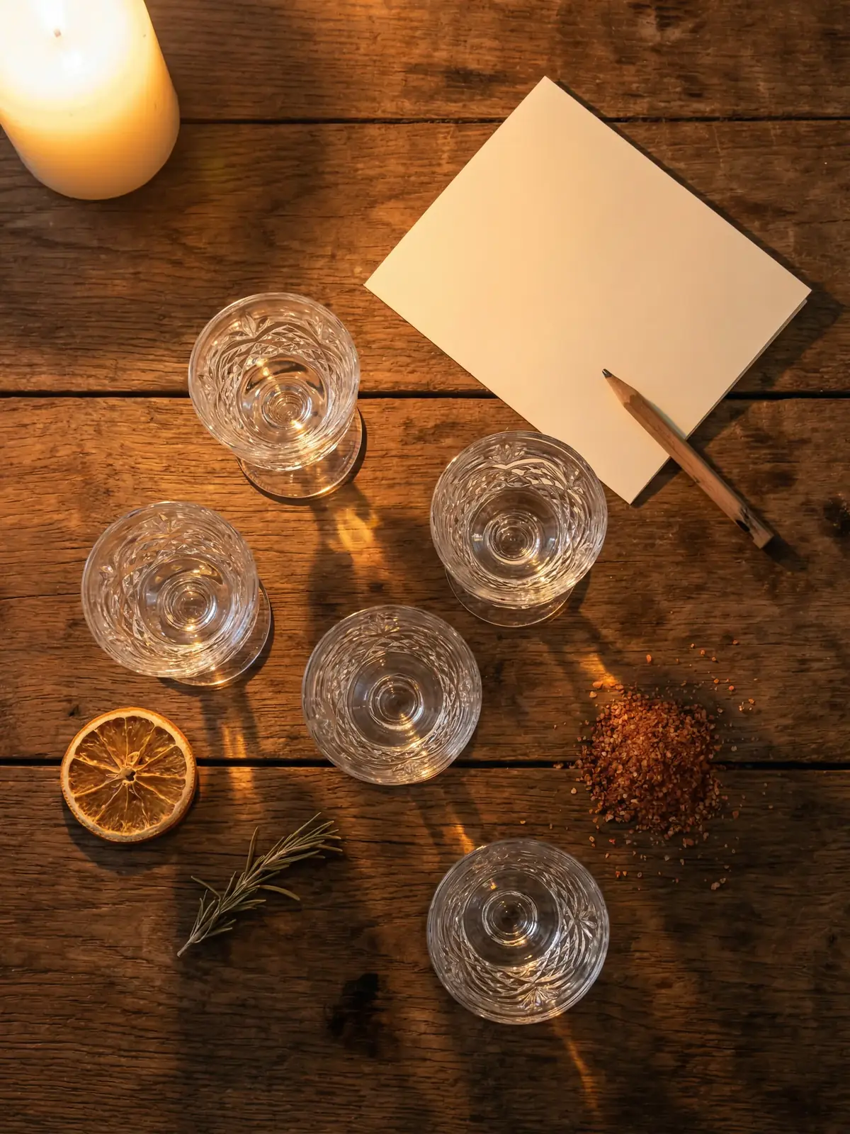 Overhead view of a tasting table with small spirit glasses, a folded note card, and botanical garnishes arranged as a planning moment