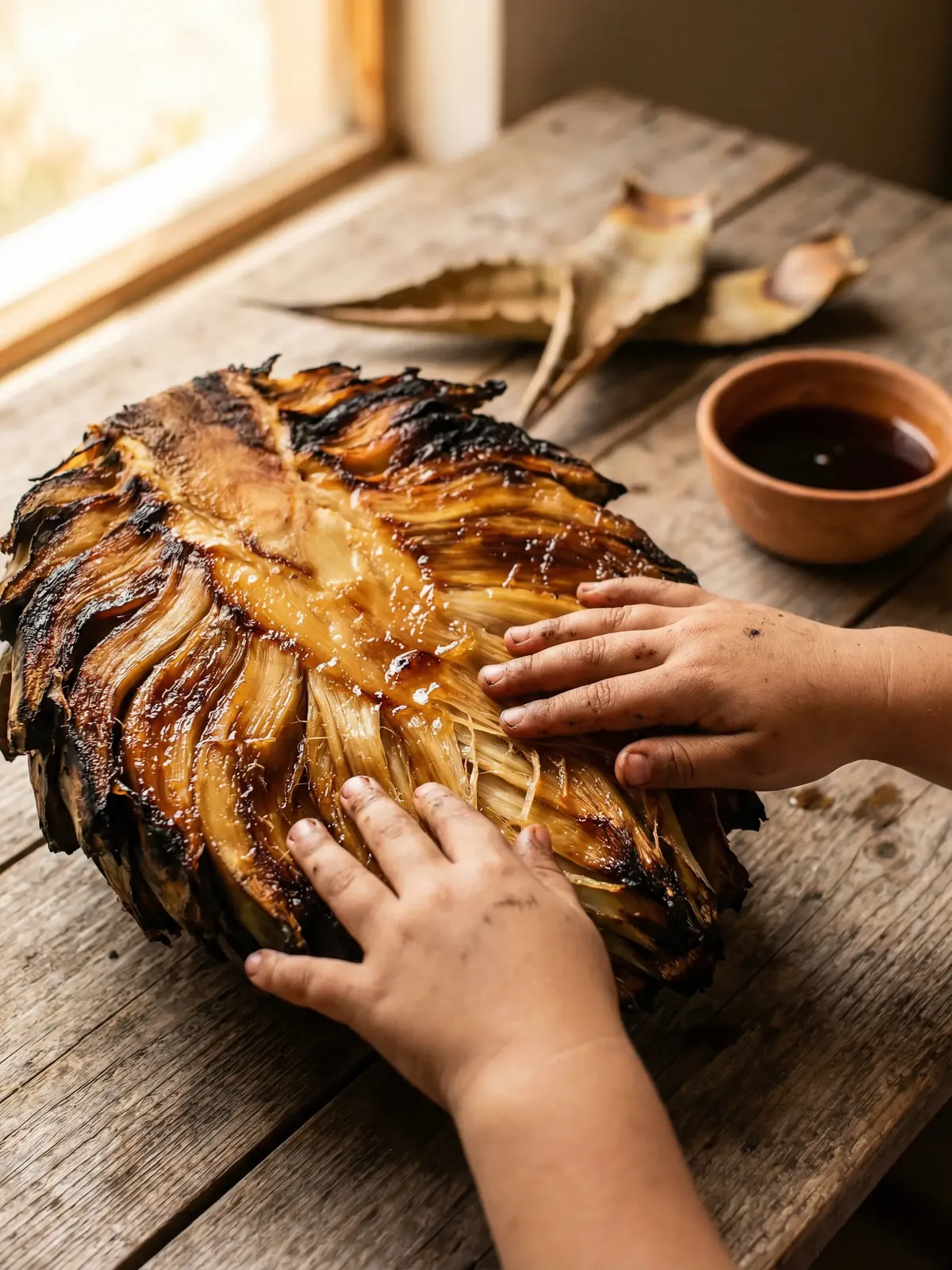 Small child's hands exploring the fibrous texture of a roasted agave piña on a rustic table