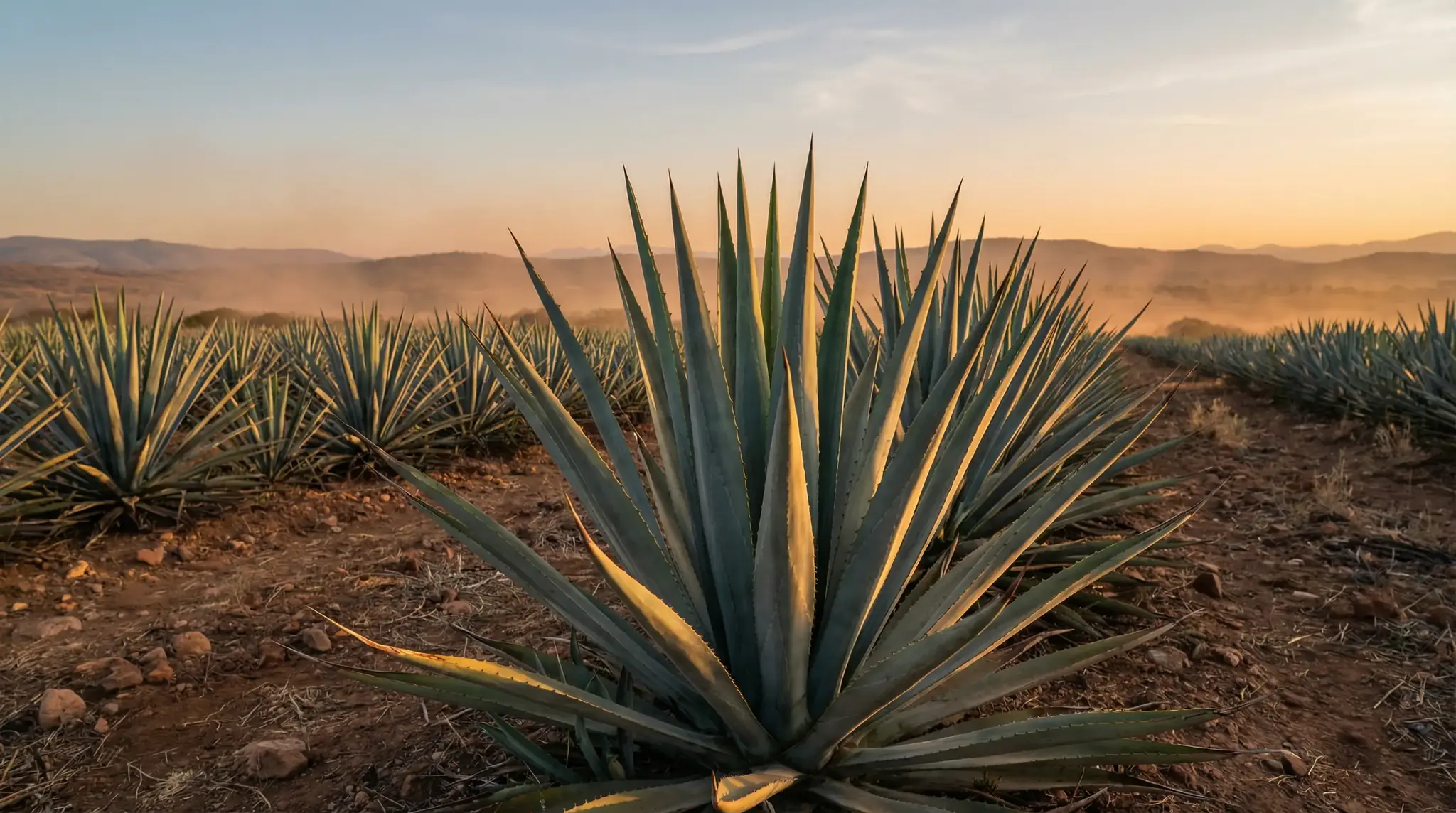 Close-up of blue agave plants growing in rows with warm desert sunlight