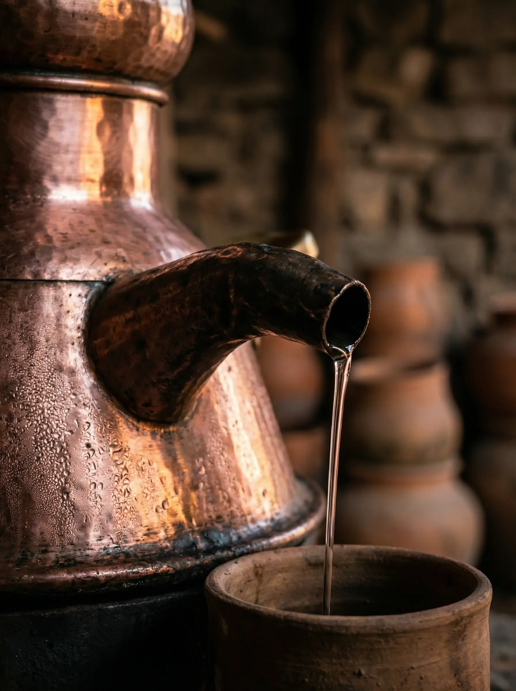 Warm close-up of a traditional copper pot still with mezcal dripping from the spout into a clay collection vessel