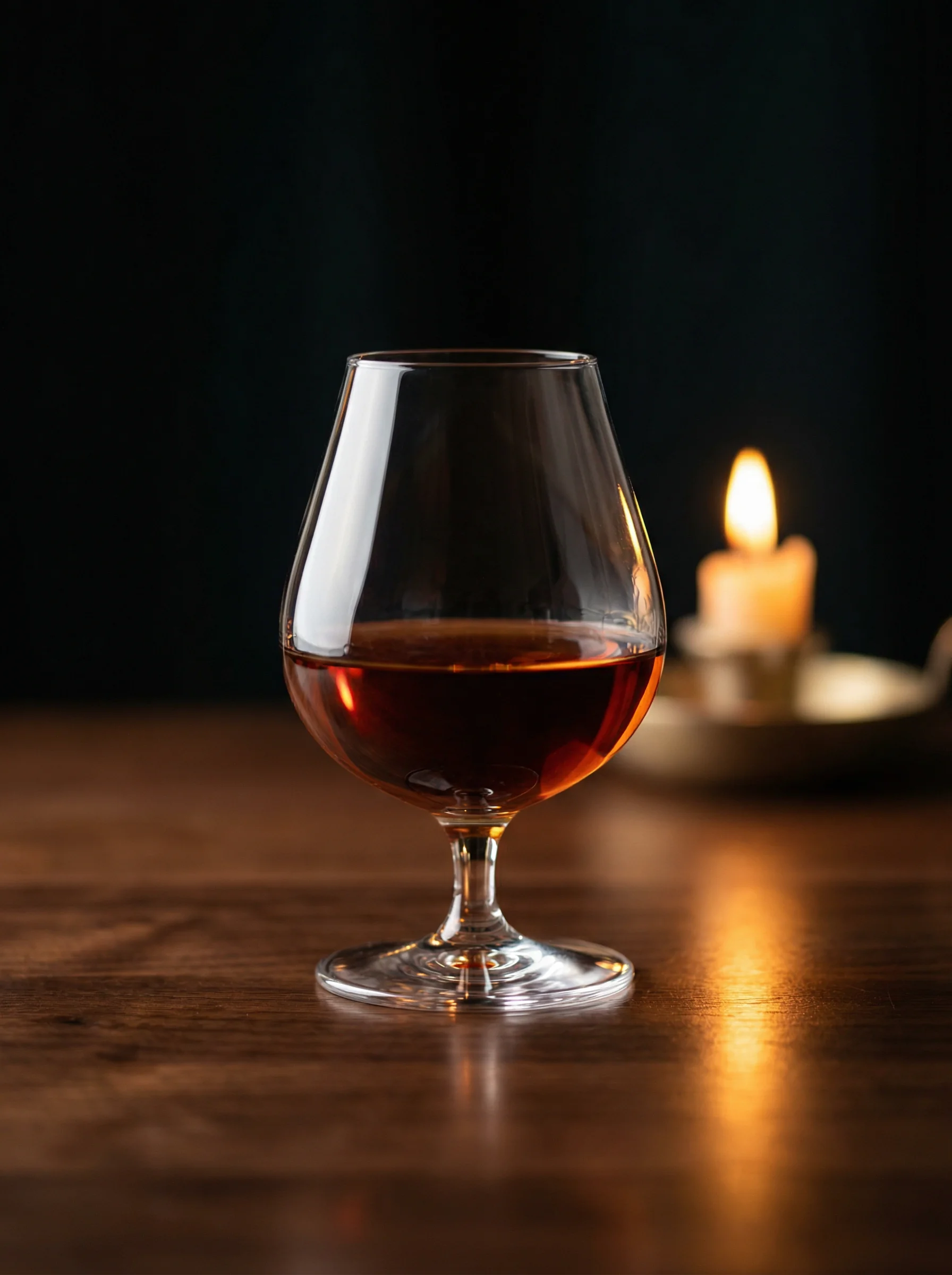 A single deep amber extra añejo tequila in a crystal glass glowing in warm candlelight