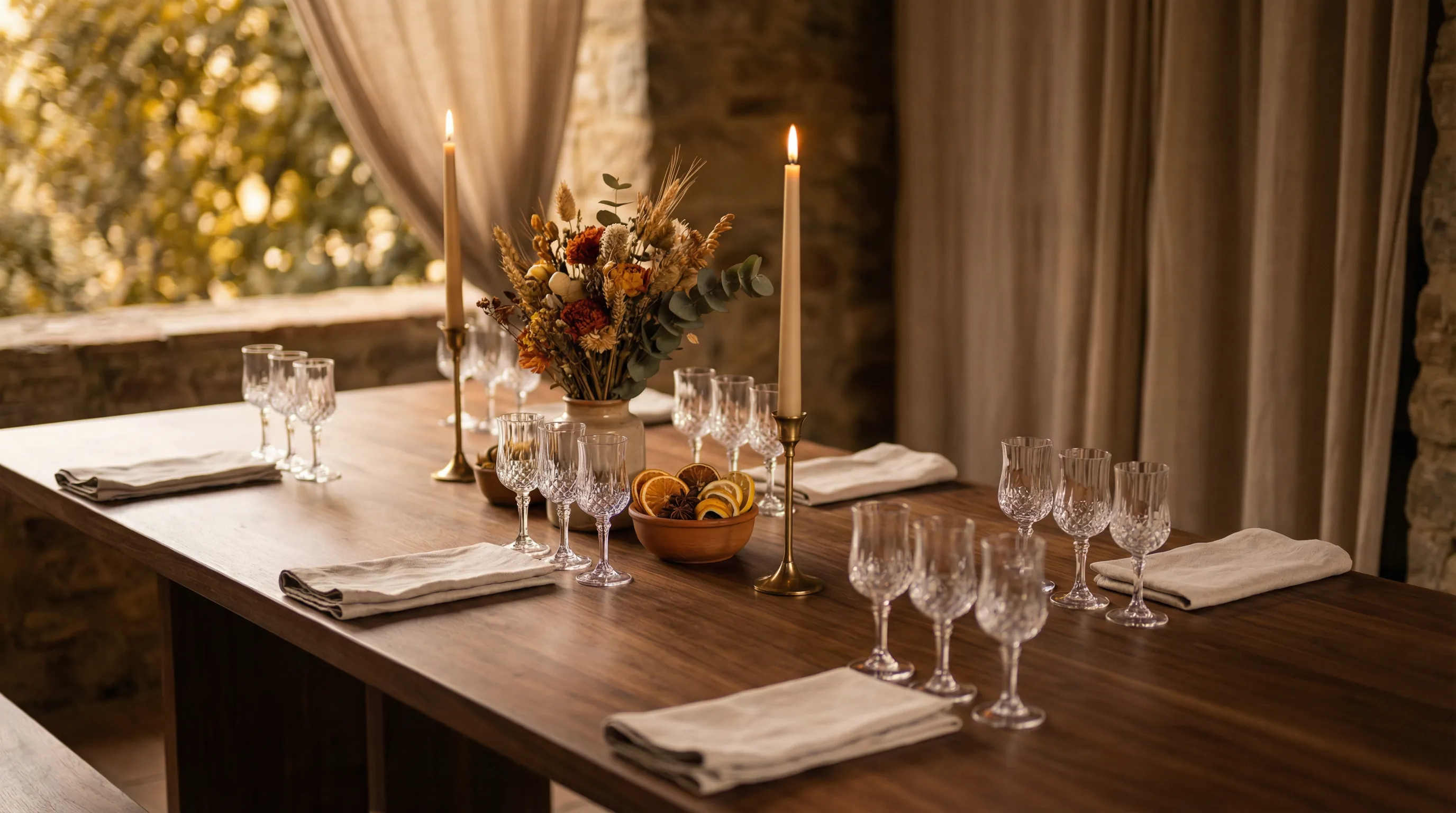 Elegant tasting table set for a private group with candles, small glasses, and botanical accents
