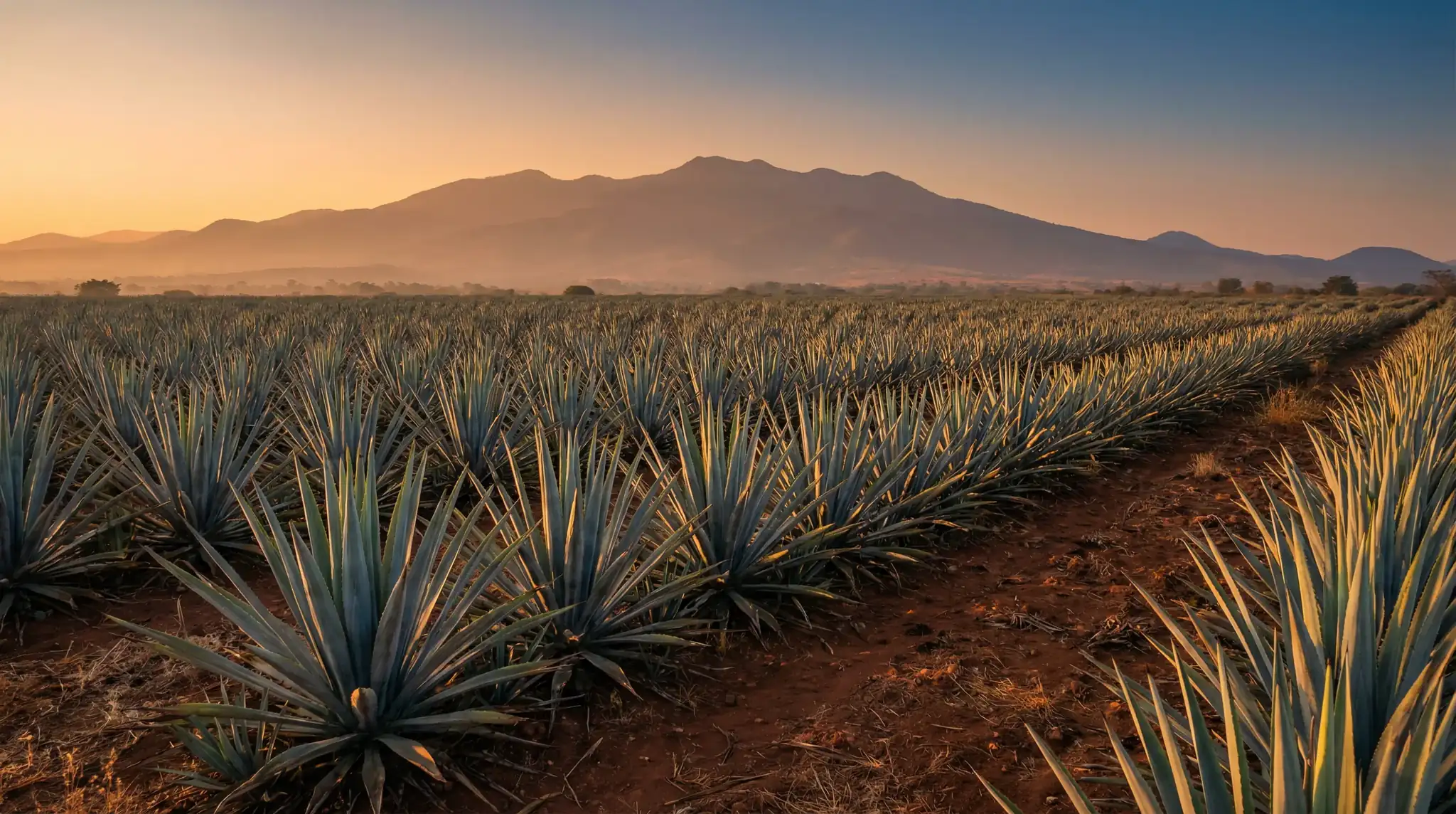 Rows of mature blue agave plants stretching across a Jalisco highland landscape at golden hour