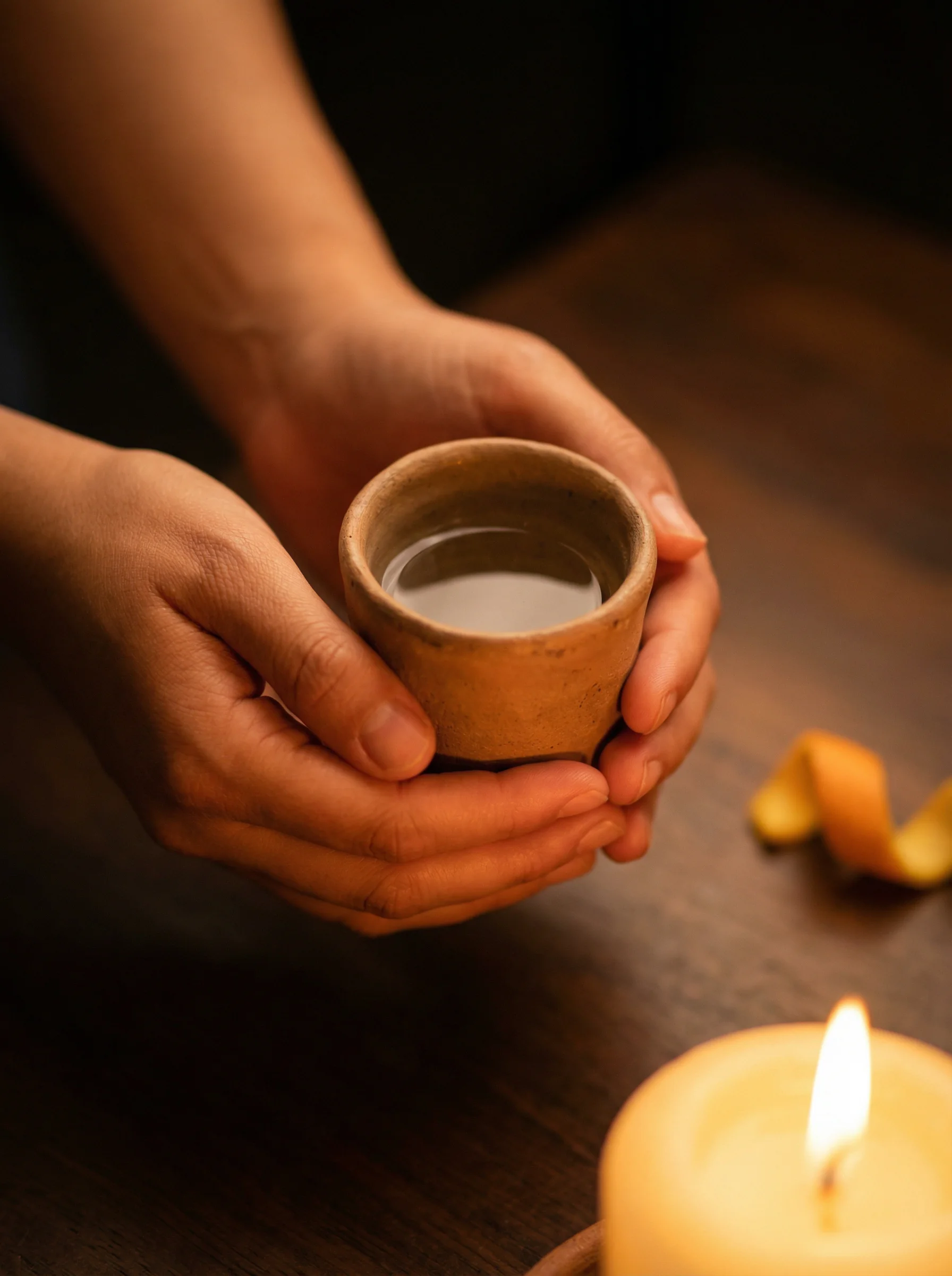 Two hands cradling a clay copita of mezcal above a dimly lit tasting table