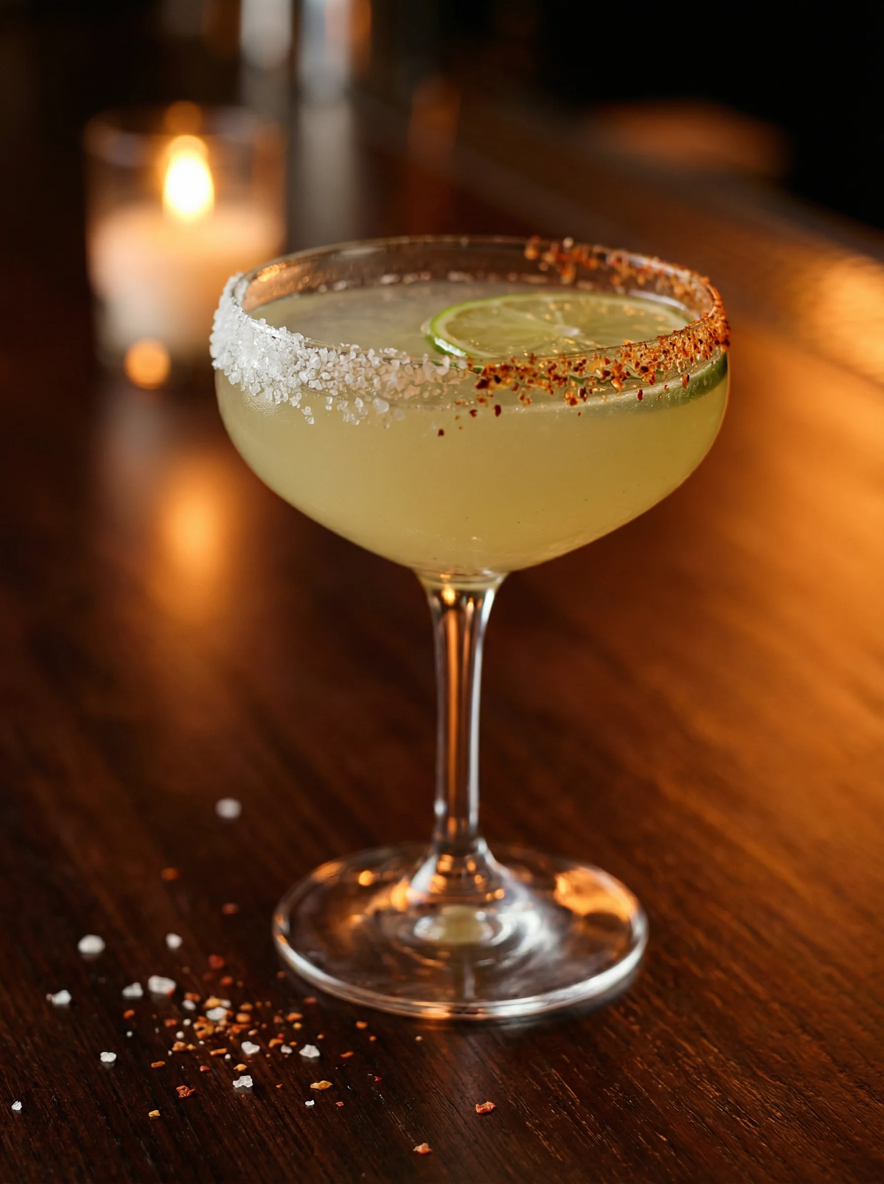 Close-up of a freshly crafted mezcal margarita with a salted rim and lime wheel on a candlelit bar