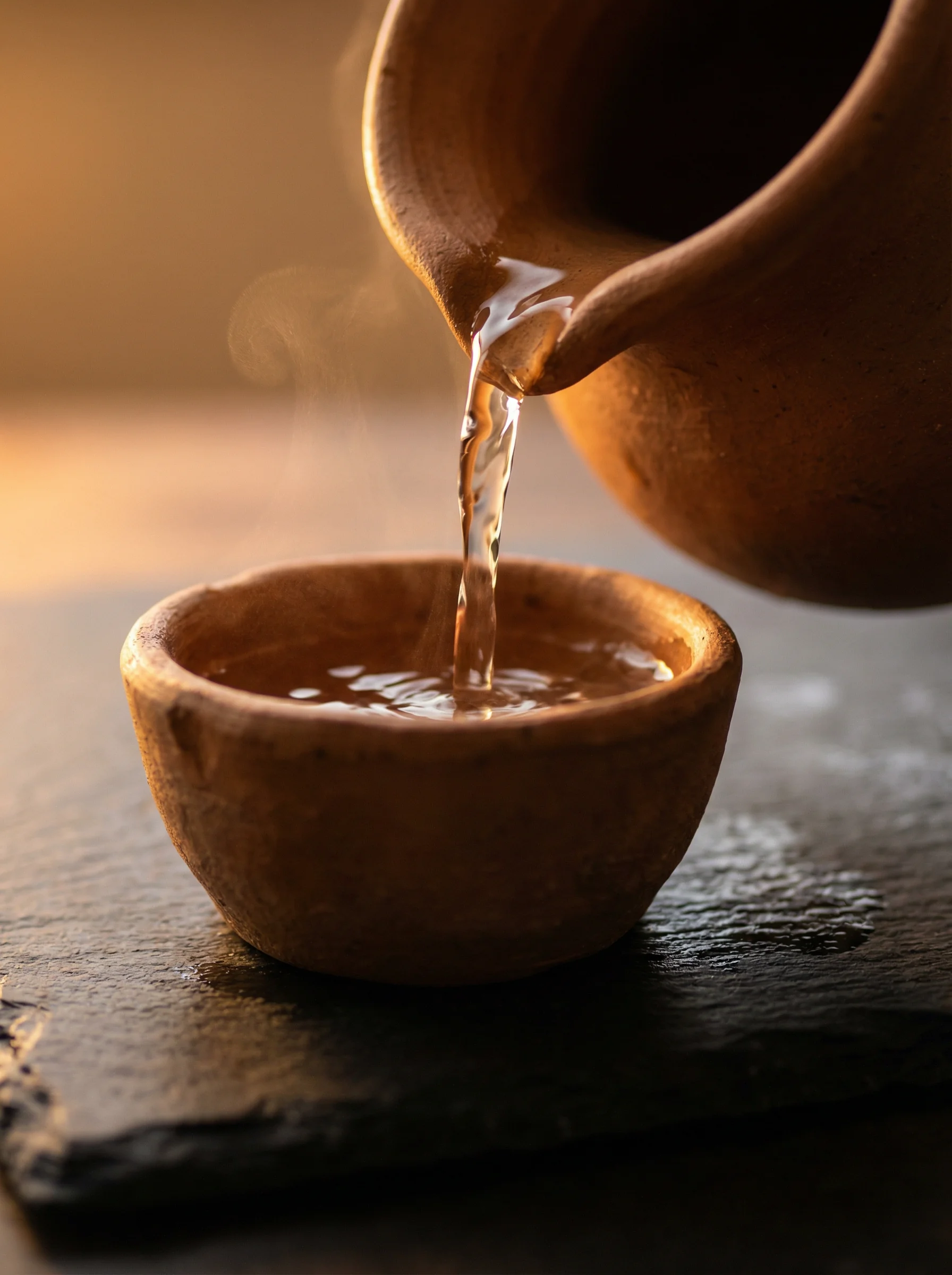 Close-up of mezcal being poured into a copita with rising aromatic vapors
