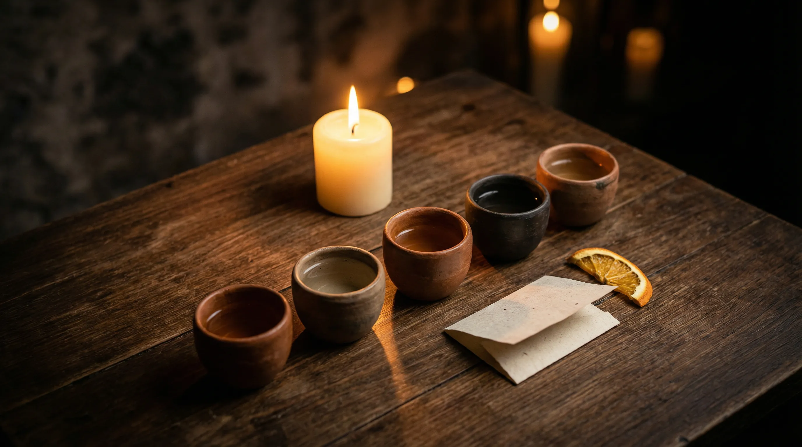 A guided mezcal tasting flight on a candlelit table in a calm, intimate setting