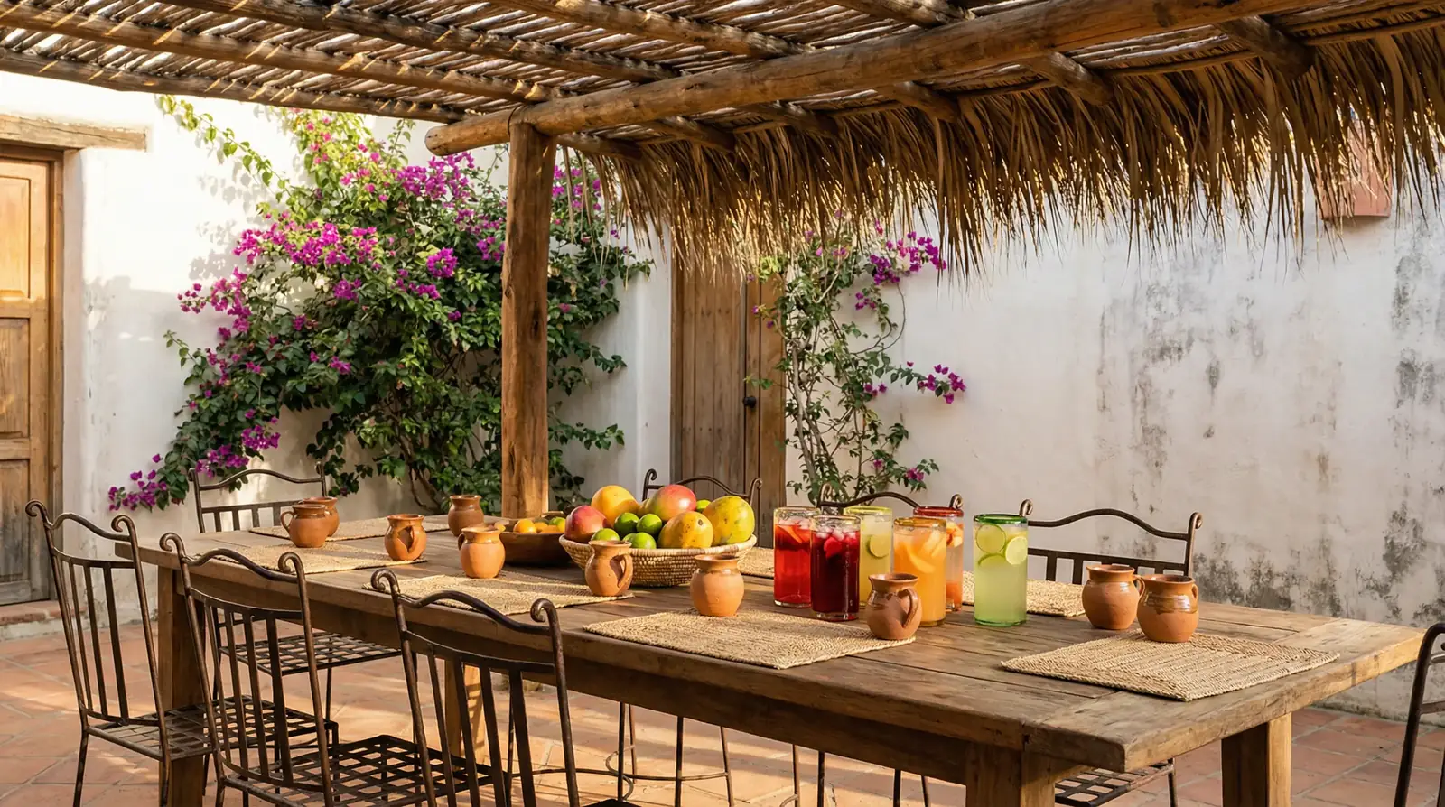 A shaded outdoor courtyard table set for a cultural tasting experience on a bright Cabo afternoon