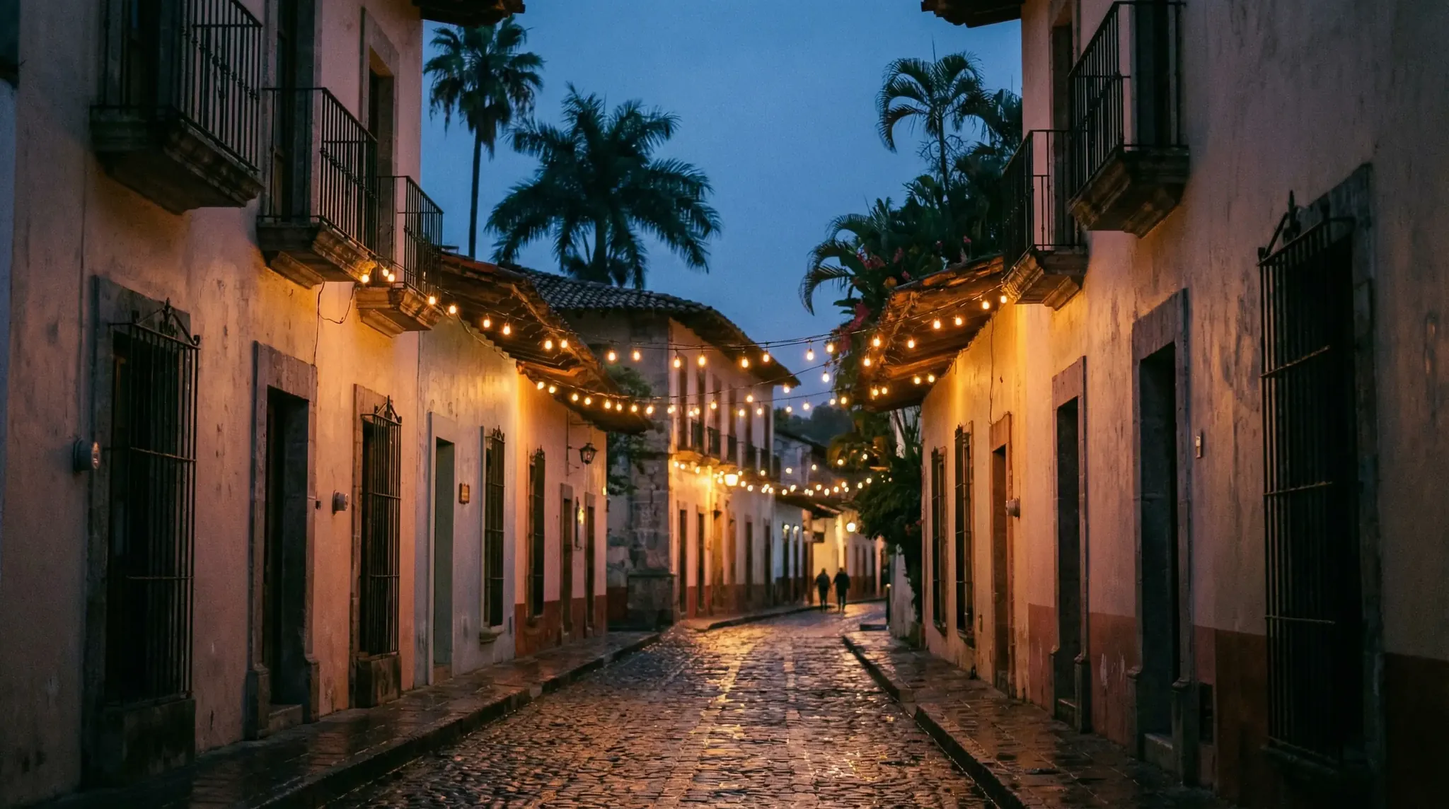 San José del Cabo cobblestone street at golden hour with warm string lights and tropical palms