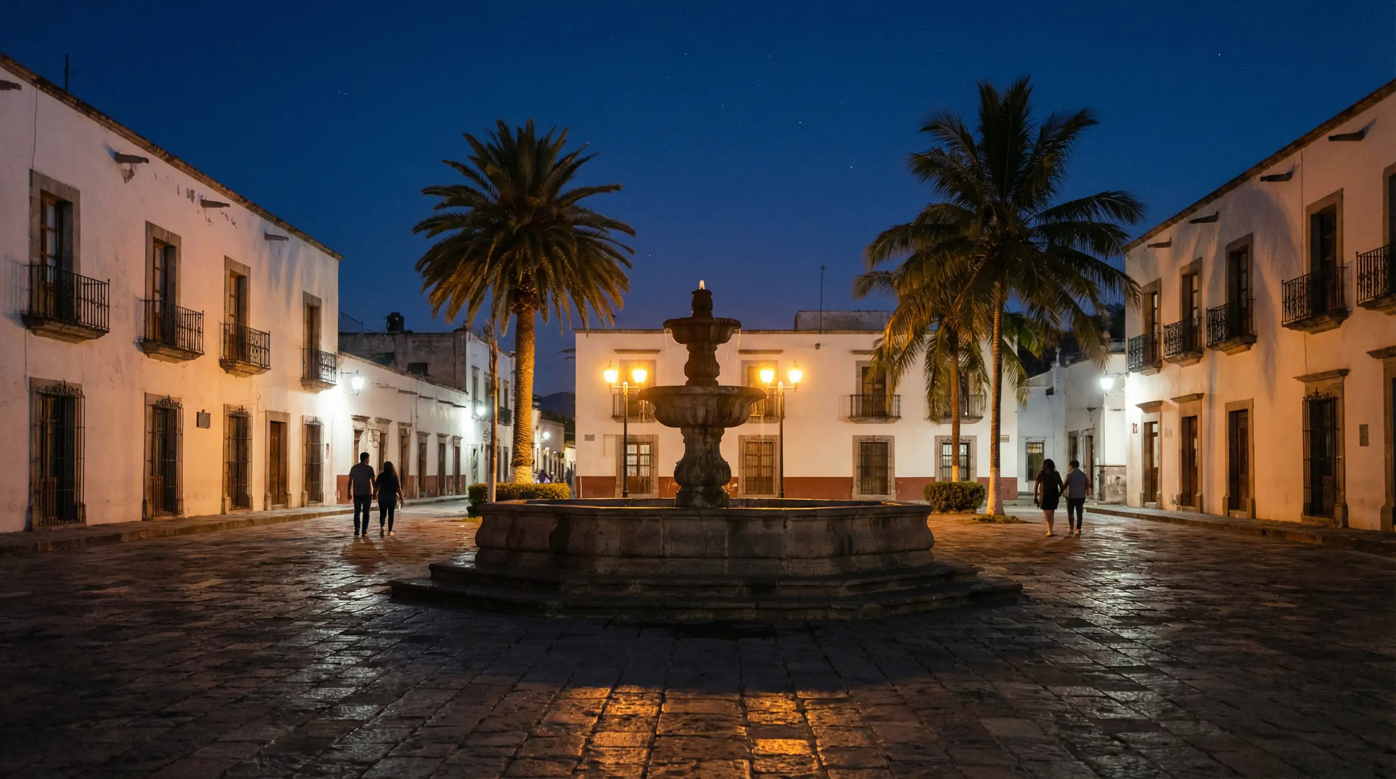 San José del Cabo town plaza at night with warm lantern light on colonial architecture and tropical palms
