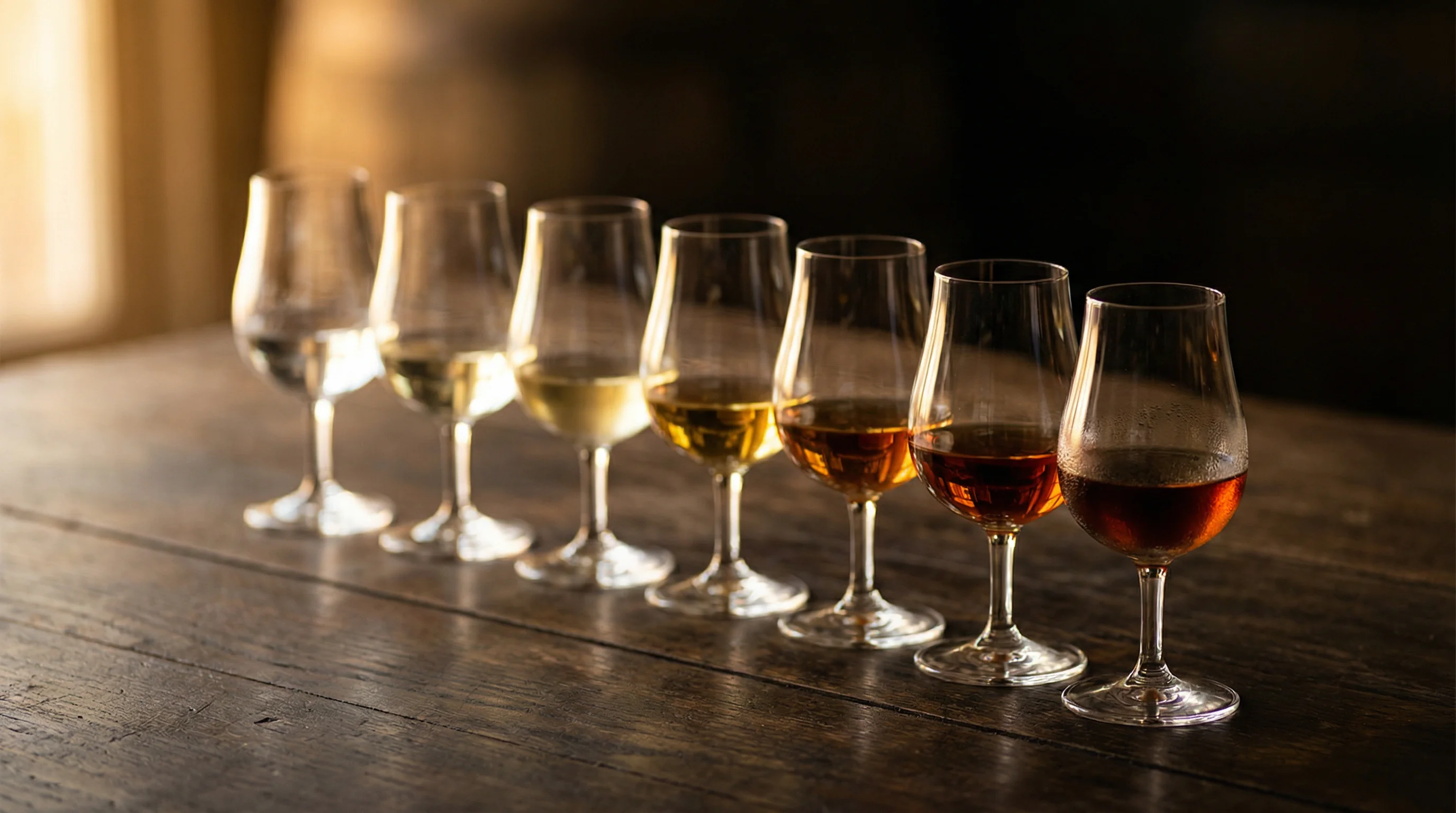 Seven small tasting glasses in a graduated row from clear to deep amber on a dark wood bar