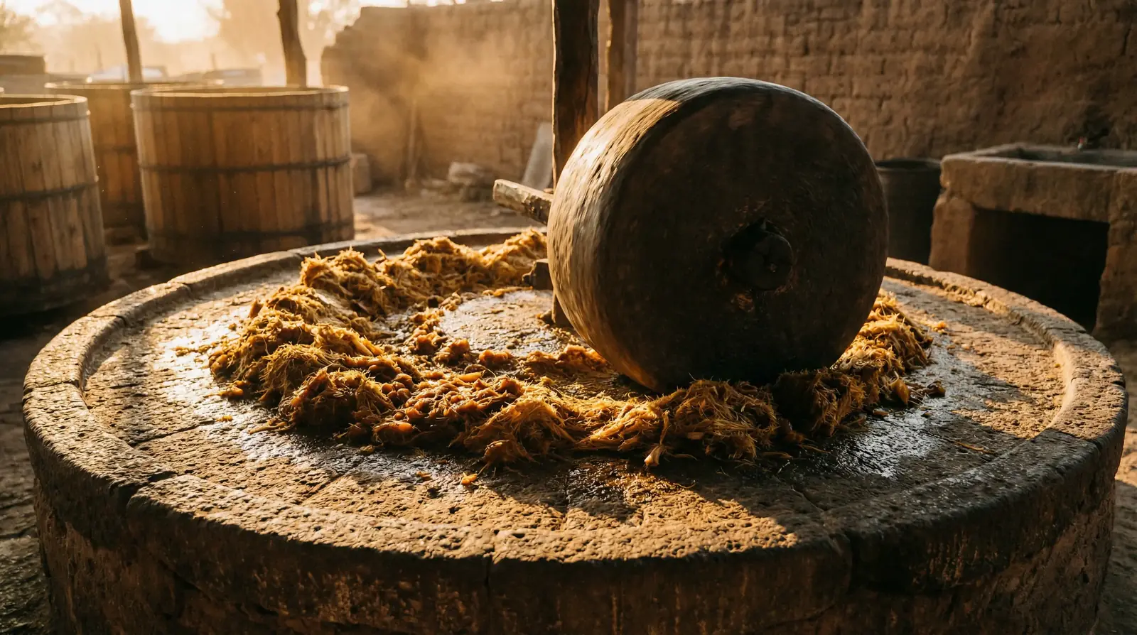 A large stone tahona wheel crushing roasted agave on a circular stone platform at a traditional palenque