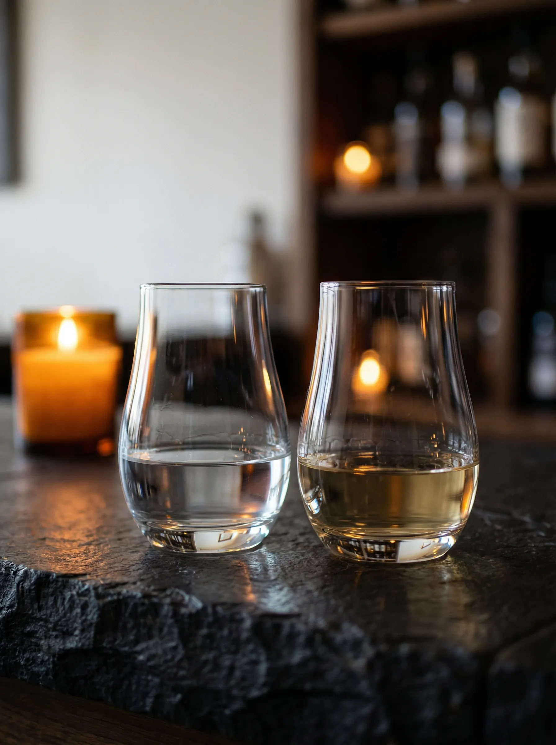 Two spirits poured side by side in matching glasses showing the visual contrast between tequila and mezcal