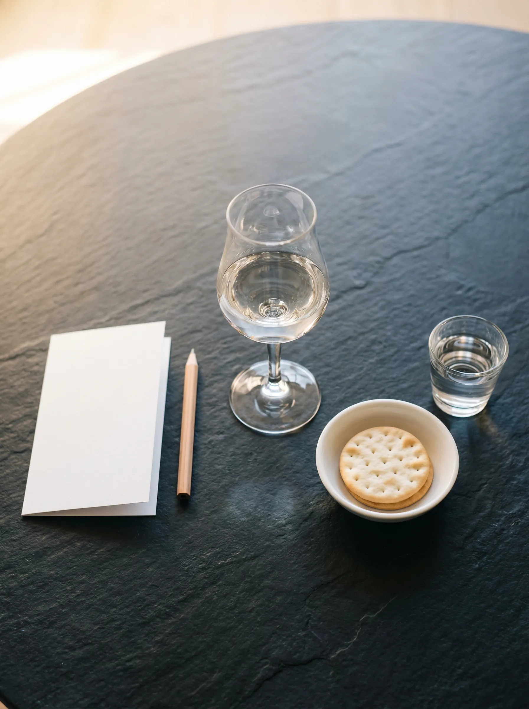 Tasting setup from above: a crystal glass, folded note card, pencil, and palate cleanser on a dark surface in warm light